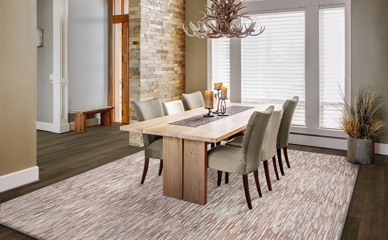 red pattern area rug in dining room